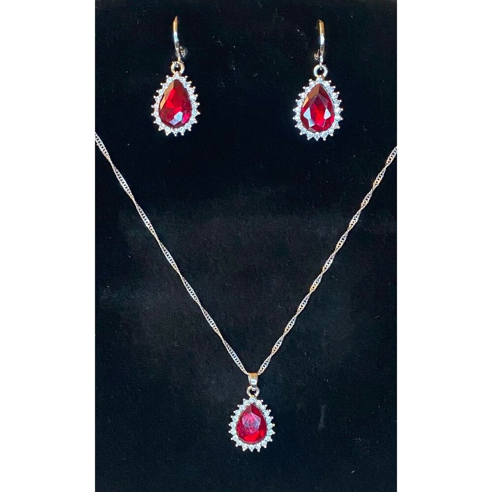 Silver Imitation Diamond & Red Ruby Teardrop Necklace Earrings Jewelry Set